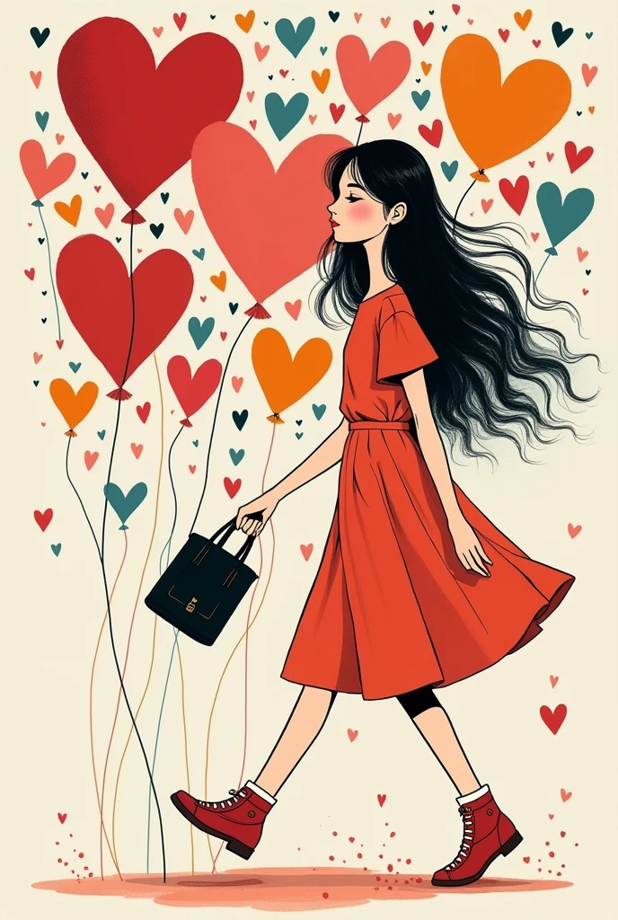 Seizo Watase colorful style, Simple Line Initialism,Abstract art,(((The most beautiful girl of all time))), Sweet face. Lips in love, colorful hearts, stylish design, 夏のオシャレなTシャツ, 黒い瞳, walking, Tokyo