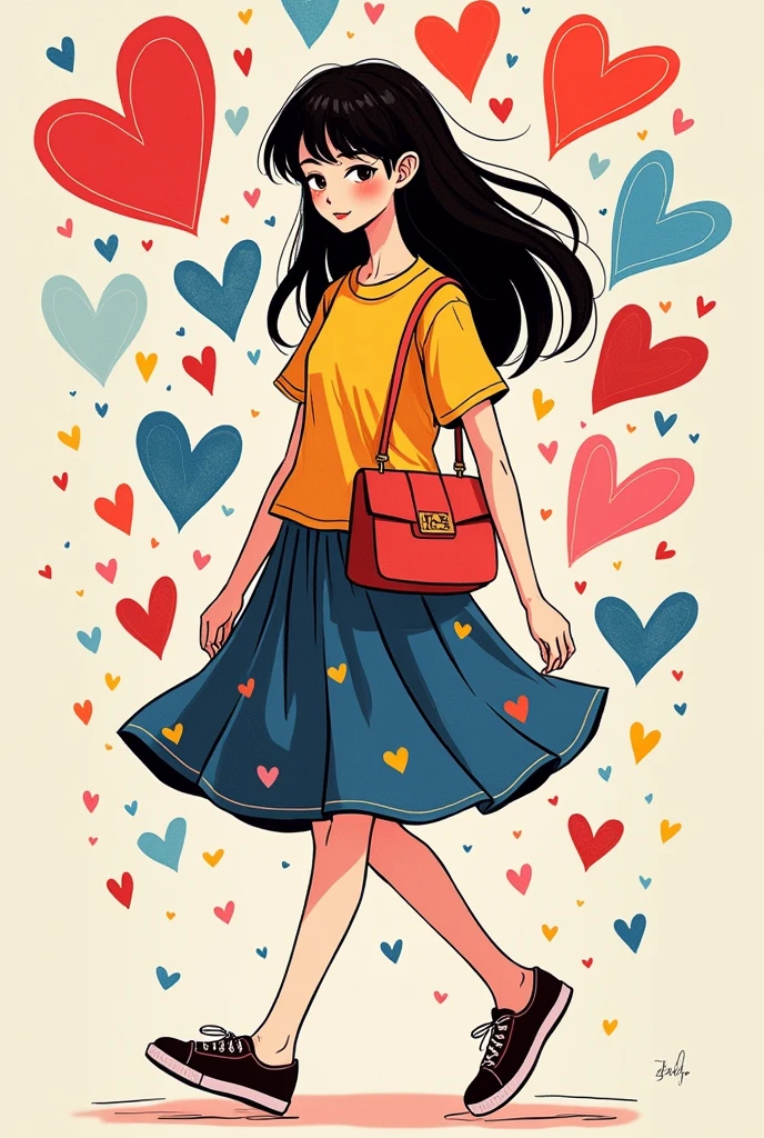 Seizo Watase colorful style, Simple Line Initialism，Abstract art，(((The most beautiful girl of all time))), Sweet face. Lips in love, colorful hearts, stylish design, 夏のオシャレなTシャツ, 黒い瞳, walking, Tokyo