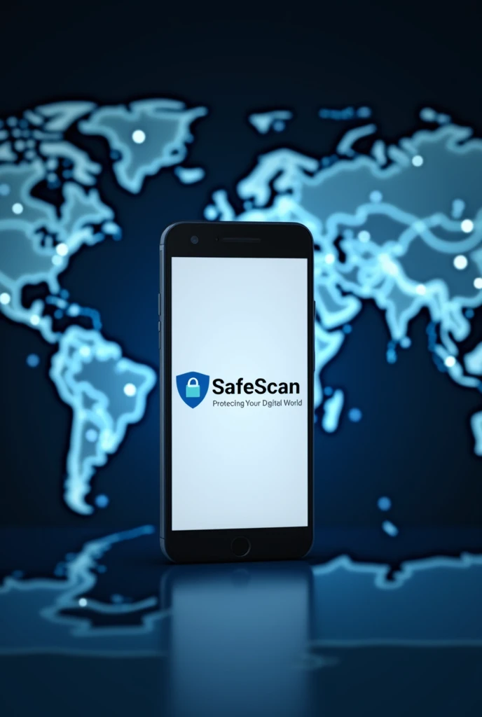 To create a mobile-sized splash screen for your app, use a design similar to the one you've provided but with some key adjustments. Here's a description you can use:
Background: Use a digital world map with light outlines to maintain the global security theme, but make it slightly blurred to draw attention to the foreground elements.
Foreground Elements:
Center a mobile phone prominently displaying the "SafeScan" logo.
Below the logo, add a welcoming message like “Welcome to SafeScan” or “Protecting Your Digital World.”
Text Placement: Place the app name "SafeScan" at the top of the screen in a bold, modern font. The welcoming message should be just below the logo, slightly smaller, to maintain hierarchy.
Color Scheme: Keep the color scheme professional with shades of blue, white, and grey to convey a sense of trust and security.
This setup should create a clean, user-friendly, and visually appealing splash screen in a mobile-friendly format.