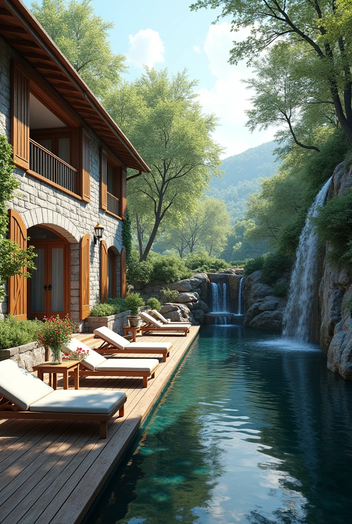 The image shows a beautiful outdoor patio area with a stone building on the left side. The building has a sloping roof and large windows that let in natural light. The patio is made of wooden planks and is surrounded by trees and greenery. On the right side of the patio, there is a small waterfall cascading down a rocky cliff. In the center of the image, there are several lounge chairs and a table with a vase of flowers on it. The water is calm and reflects the trees and the sky above. The overall atmosphere is peaceful and serene.
Generate highly similar images with