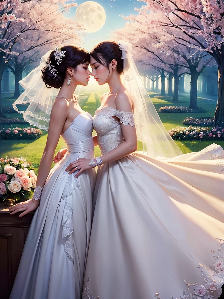 (masterpiece, highest quality, official art, beauty and aesthetic:1.5), perfect anatomy, perfect hands, (two stunning bride is deeply in love with each other, kiss), romantic atmosphere, flower and moon, magnificent panorama view