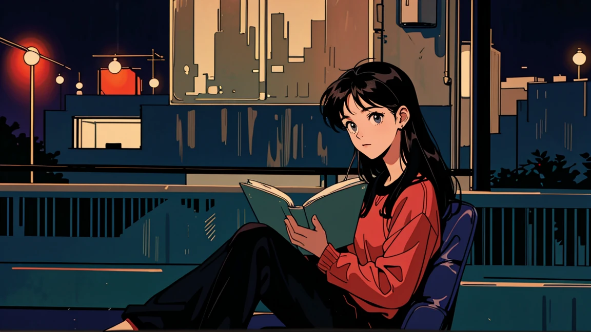 Highest quality, 8k, 1990s style,Hairstyles of the 2010s, 21 year old girl, Black Hair, Long Hair, Light brown eyes, City Pop, pants ,Night view, Wear headphones,Reading a book, whole body,  Relax Coffee,table,making,look at me, Black cat
