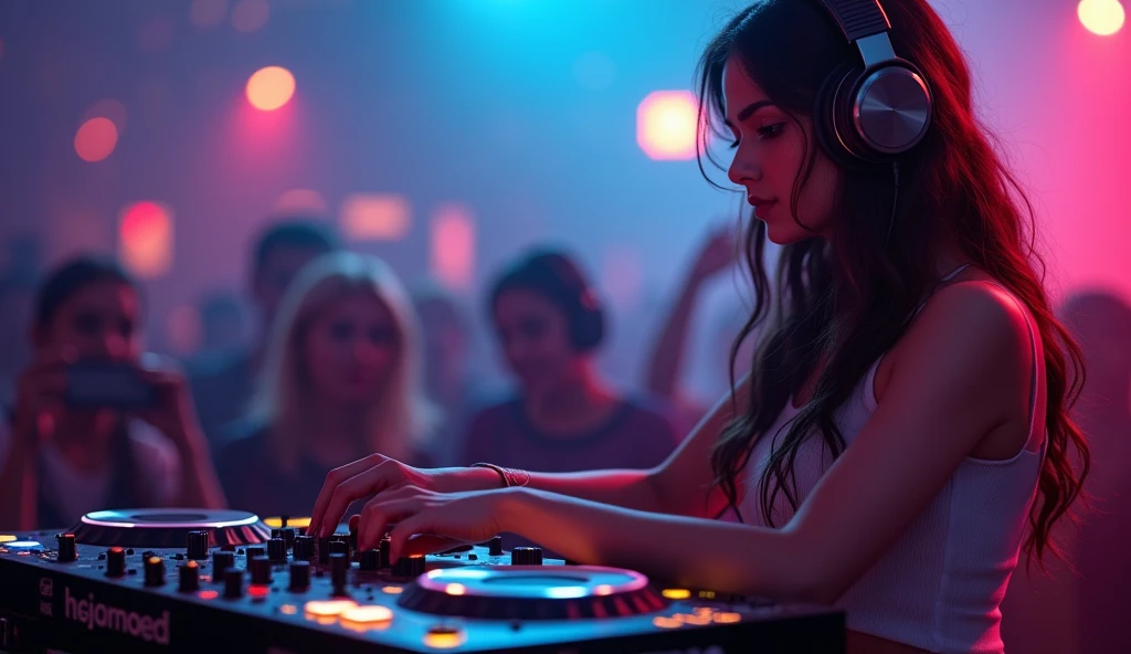 highest quality, Surreal, Very detailed, indian women only, DJ Girl, DJ Console, DJ headphones, Actual photo, 8k, Realistic eyes, Detailed face, Upper Body:1.4, Looking at the audience, To the audience, Disco Lights,1 girl,((she is playing the DJ Console )),