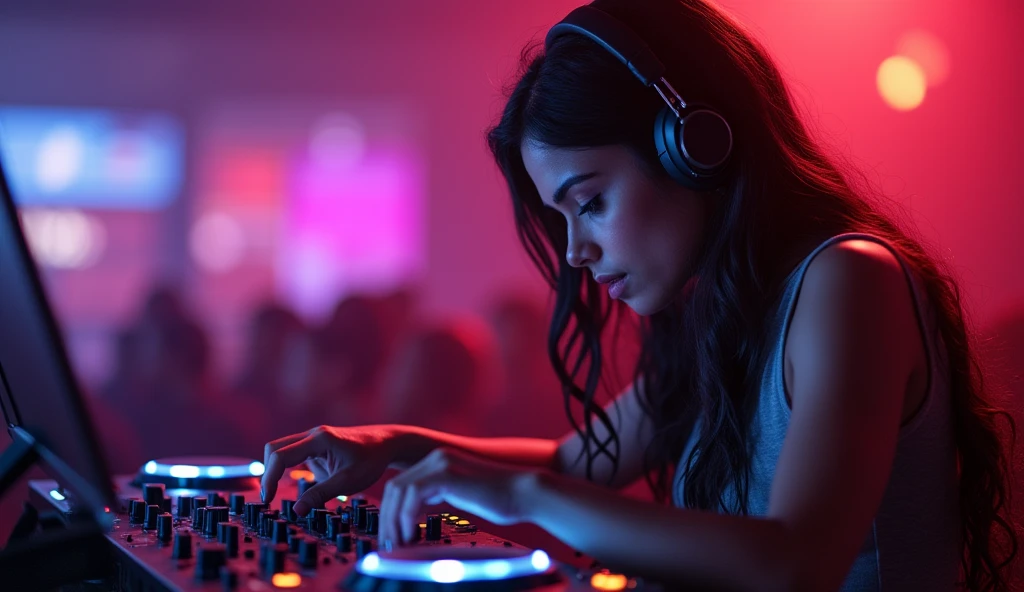 highest quality, Surreal, Very detailed, indian women only, DJ Girl, DJ Console, DJ headphones, Actual photo, 8k, Realistic eyes, Detailed face, Upper Body:1.4, Looking at the audience, To the audience, Disco Lights,1 girl,((she is playing the DJ Console )),