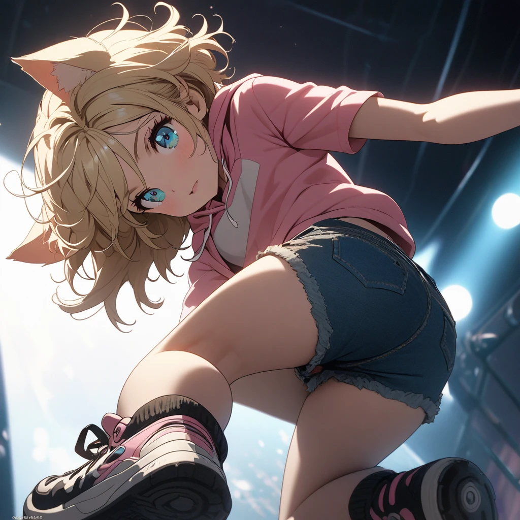 sexy、sexyなポーズ、Blonde Hair、Very Short Hair、Cat ears of the same color as the hair、Plain pink short sleeve hoodie、Short denim shorts、Belly button、sneakers、Turquoise Eyes、Flat Chest、Pure white background,Depth of written boundary,Low angle view,Calf Level View,Overclocked Renderer,Cinema Lighting,Ultra-fine,Very detailed,complicated,Cinematic Perspective,CG Art,