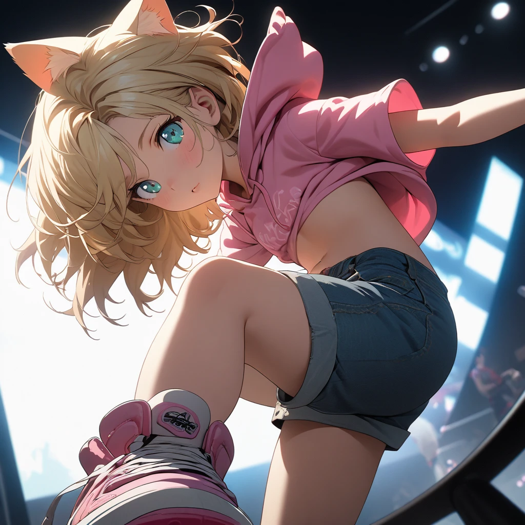 sexy、sexyなポーズ、Blonde Hair、Very Short Hair、Cat ears of the same color as the hair、Plain pink short sleeve hoodie、Short denim shorts、Belly button、sneakers、Turquoise Eyes、Flat Chest、Pure white background，Depth of written boundary，Low angle view，Calf Level View，Overclocked Renderer，Cinema Lighting，Ultra-fine，Very detailed，complicated，Cinematic Perspective，CG Art，