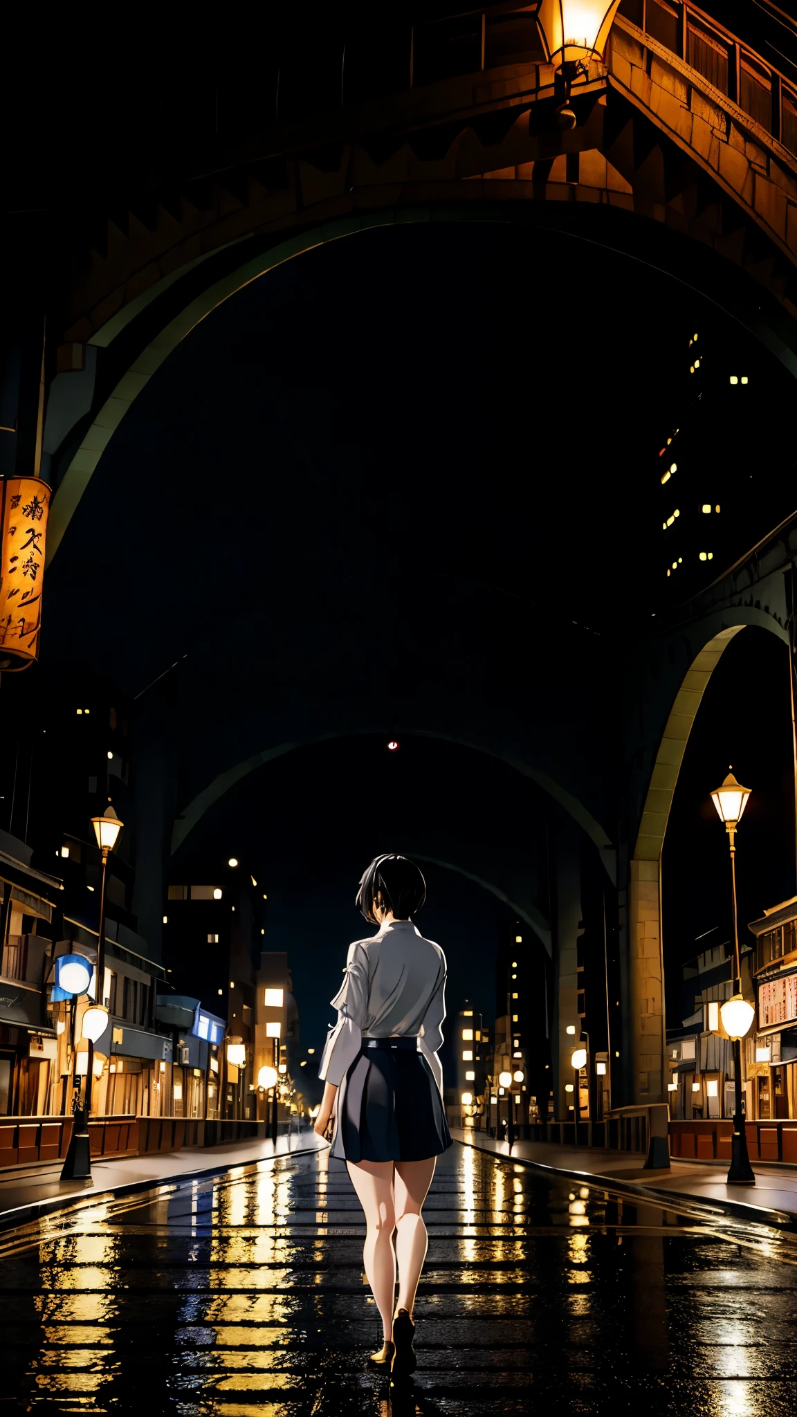 Osaka night, raining day, without crowded, masterpiece, best quality, high quality,extremely detailed CG unity 8k wallpaper, HDR, Chromatic Aberration ,Photorealistic,extremely detailed, trending on artstation, trending on CGsociety, Intricate, High Detail, dramatic, art by midjourney Young Woman、Short Hair、one person、breast enhancement、Japanese、Summer suit、Short skirt、Gazing at the bridge、Tears flowing、
Bust up images