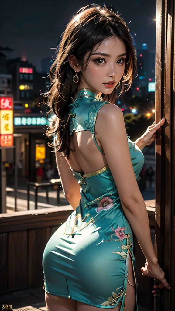 (((HD photo))), ultra high res.photorealistic:. 1.4, UHD, masterpiece, trending on artstation, portrait, closeup of face and cleavage, (1girl,) pretty, cute face, most beautiful in the world, soft, delicate, (brown hair, middle hair ), attractive breasts,(wearing a necklace and earrings), (wearing a black cheongsam:1.4), Hong Kong street :1.4, examination, (standing, a woman who seduces, looking back at the camera) , (beautiful night view),(she seduces you with sexy pause),