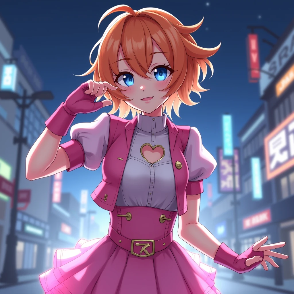 1girl,cowboy shot, beautiful nora_valkyrie, looking at viewer, smile, short hair, blue eyes,heart cutout, gloves, jacket, pink skirt, pink belt, short sleeves, puffy sleeves, single armband, fingerless gloves, orange hair, pink gloves, dynamic pose, night, outdoors, city, (volumetric lighting), best quality, masterpiece, intricate details, tonemapping, sharp focus, hyper detailed, trending on Artstation