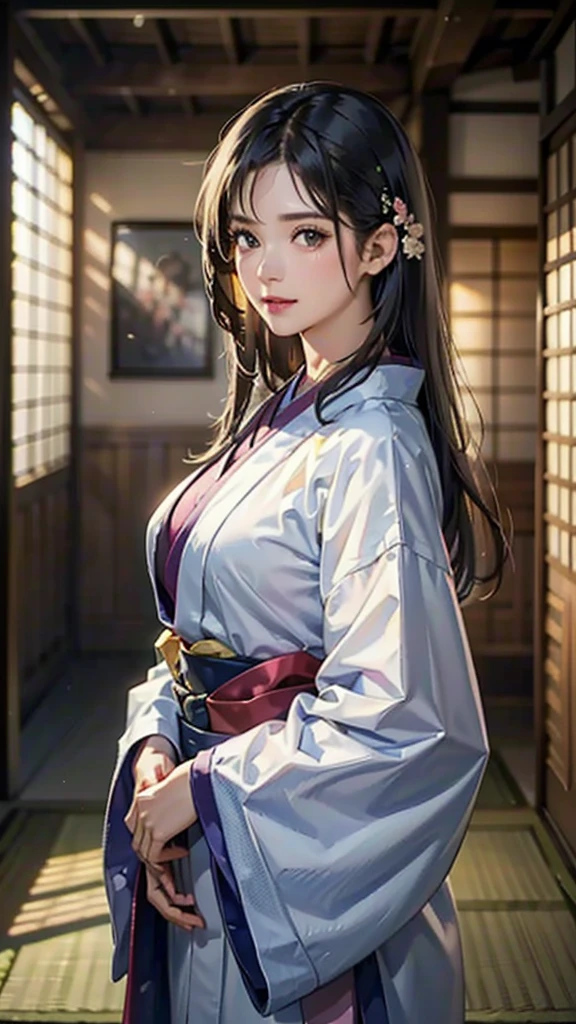 (Realistic)、(Realistic:1.2)、(High resolution)、Very detailed、Very beautiful face and eyes、1 girl、Delicate body、(Highest quality、Attention to detail、Rich skin detail)、(Highest quality、8k、Oil paint:1.2)、Very detailed、(Realistic、Realistic:1.37)、Bright colors、Full Body Shot,black_hair, Beautiful 8k eyes,Looking_in_audience,One person in,Are standing,((Very beautiful woman, Fuller lips, Japanese pintern kimono))、((Gorgeous and colorful Japanese kimono)))、(((blackhair)))、(((blunt bungs,long straight hair)))、((( In an old Japanese house (short focus :1.4),)))、(masterpiece, Highest quality, Highest quality, Official Art, beautifully、beautiful:1.2),(Fractal Art:1.3),Sengoku period、By Greg Rutkowski:Alphonse Mucha Ropp,short ,uchikake,nishijin ori,(realistic Light and shadow), (real and delicate background),(Calm colors, Dim color, soothing tones:1.3), Low saturation, (Ultra-detailed:1.2), (Noir:0.4),Draw,Blurred_Light_background, (Bright colors:1.2), cinematic Lighting, ambient Lighting,Single Shot,Shallow focus,pink lip,Blurred Light background,Eros,Big Breasts