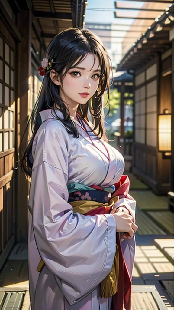 (Realistic)、(Realistic:1.2)、(High resolution)、Very detailed、Very beautiful face and eyes、1 girl、Delicate body、(Highest quality、Attention to detail、Rich skin detail)、(Highest quality、8k、Oil paint:1.2)、Very detailed、(Realistic、Realistic:1.37)、Bright colors、Full Body Shot,black_hair, Beautiful 8k eyes,Looking_in_audience,One person in,Are standing,((Very beautiful woman, Fuller lips, Japanese pintern kimono))、((Gorgeous and colorful Japanese kimono)))、(((blackhair)))、(((blunt bungs，long straight hair)))、((( In an old Japanese house (short focus :1.4),)))、(masterpiece, Highest quality, Highest quality, Official Art, beautifully、beautiful:1.2),(Fractal Art:1.3),Sengoku period、By Greg Rutkowski：Alphonse Mucha Ropp,short ,uchikake,nishijin ori,(realistic Light and shadow), (real and delicate background),(Calm colors, Dim color, soothing tones:1.3), Low saturation, (Ultra-detailed:1.2), (Noir:0.4),Draw,Blurred_Light_background, (Bright colors:1.2), cinematic Lighting, ambient Lighting,Single Shot,Shallow focus,pink lip,Blurred Light background,Eros,Big Breasts