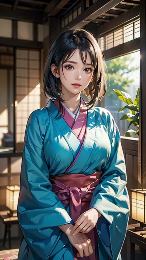 (Realistic)、(Realistic:1.2)、(High resolution)、Very detailed、Very beautiful face and eyes、1 girl、Delicate body、(Highest quality、Attention to detail、Rich skin detail)、(Highest quality、8k、Oil paint:1.2)、Very detailed、(Realistic、Realistic:1.37)、Bright colors、Full Body Shot,black_hair, Beautiful 8k eyes,Looking_in_audience,One person in,Are standing,((Very beautiful woman, Fuller lips, Japanese pintern kimono))、((Gorgeous and colorful Japanese kimono)))、(((blackhair)))、(((blunt bungs，long straight hair)))、((( In an old Japanese house (short focus :1.4),)))、(masterpiece, Highest quality, Highest quality, Official Art, beautifully、beautiful:1.2),(Fractal Art:1.3),Sengoku period、By Greg Rutkowski：Alphonse Mucha Ropp,short ,uchikake,nishijin ori,(realistic Light and shadow), (real and delicate background),(Calm colors, Dim color, soothing tones:1.3), Low saturation, (Ultra-detailed:1.2), (Noir:0.4),Draw,Blurred_Light_background, (Bright colors:1.2), cinematic Lighting, ambient Lighting,Single Shot,Shallow focus,pink lip,Blurred Light background,Eros,Big Breasts