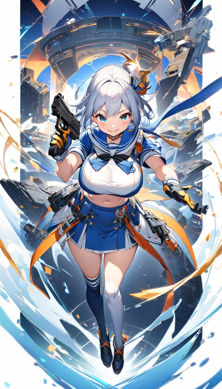 girl,big breasts,sailor wear,scart,midriff, gloves,smile,Knee-high socks,full body Shot,hand pistol,