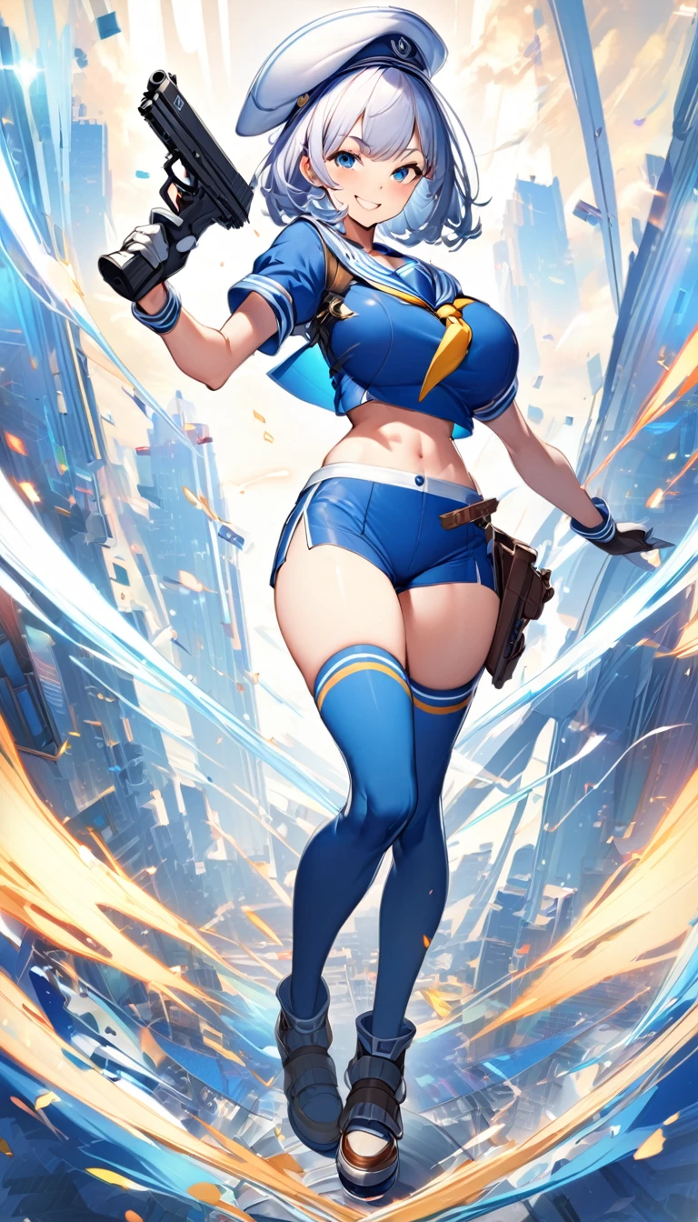 girl,big breasts,sailor wear,scart,midriff, gloves,smile,Knee-high socks,full body Shot,hand pistol,