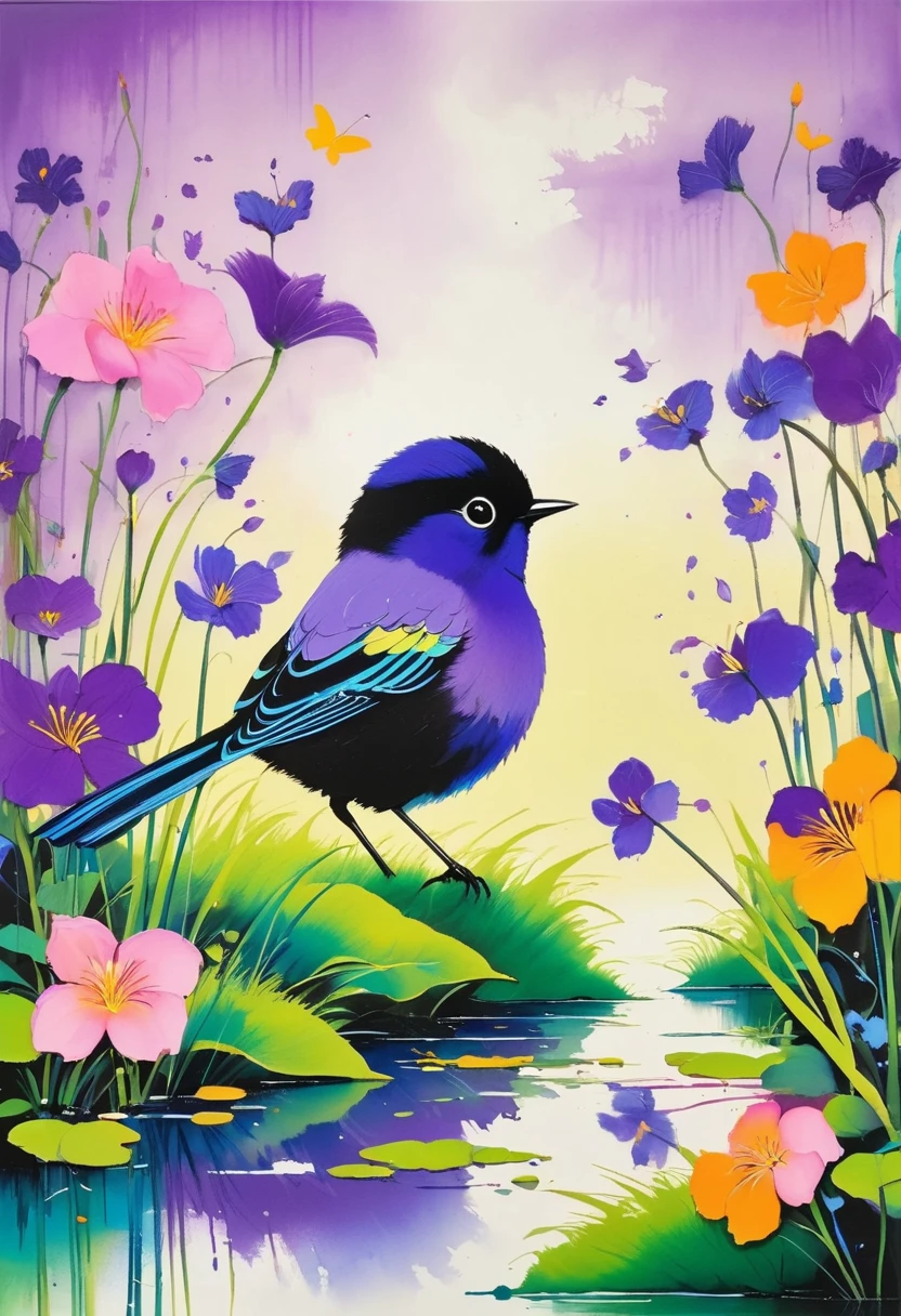 (((Colorful black,Oil stick painting,Volume,Thick coating,Uneven texture,Plaster texture,Graffiti)))。Colorful black,A small bird rests on the water grass, Bright colors的鸟, Purple和, cute的, Bright colors,cute, Lavender Color and Color Schemes, 和Purple的配色方案, Mysterious Birds, Beautiful Art, Purple, Whimsical Art, 和Purple色调, Lime and Violet, Close together,, spring, Inspired by Tomokazu Matsuyama, Delightful