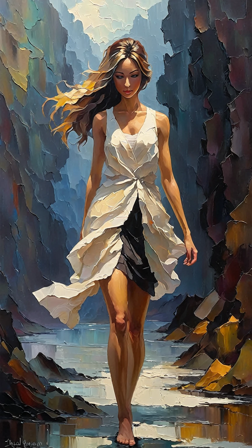 a  thick textured oil painting, impasto brushstrokes, dry brushing,revealing underlayers, abstract landscape, moody lighting, dramatic shadows, muted earthy colors, vibrant colors, highly detailed, masterpiece,