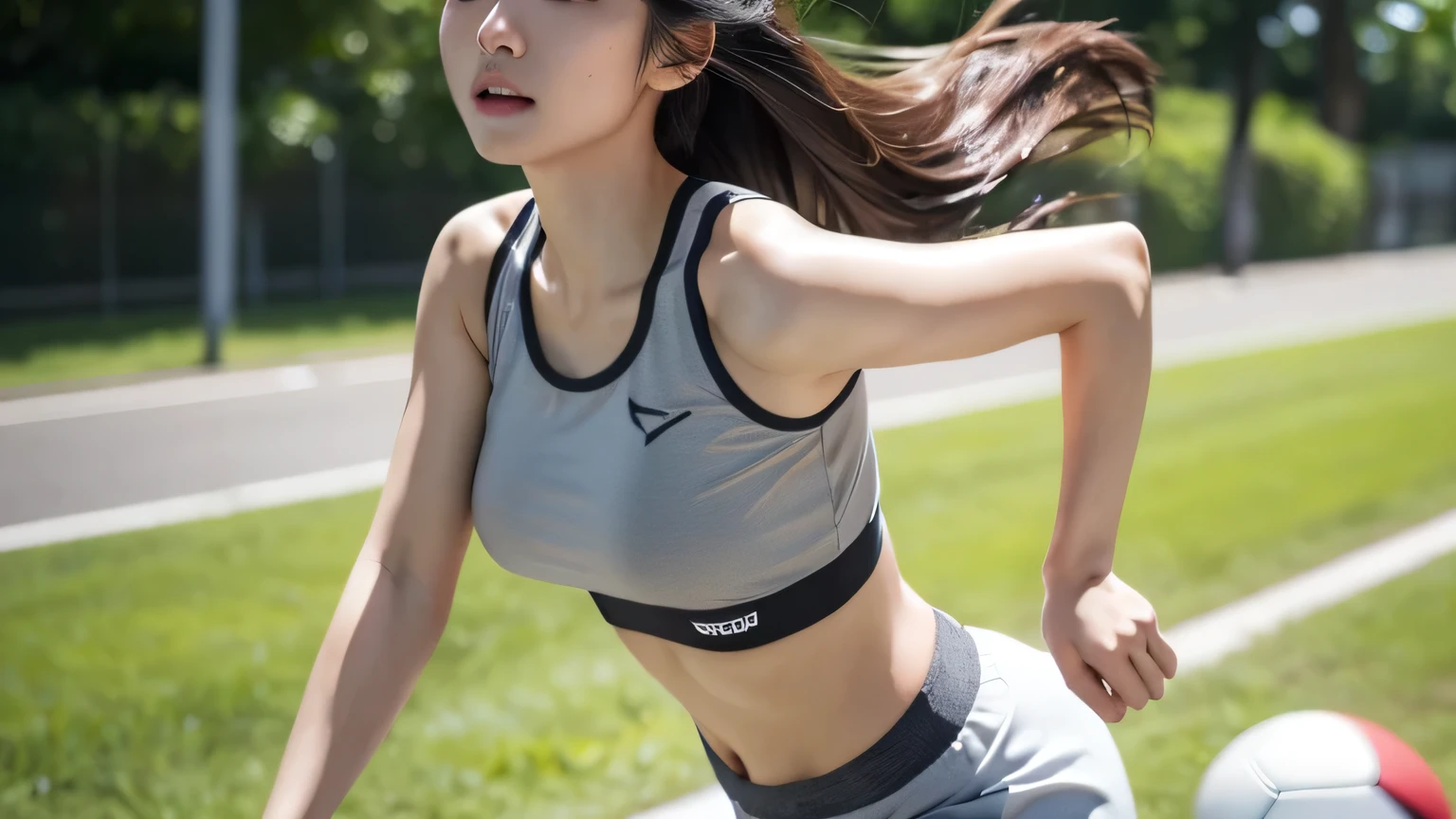 beautiful details, best quality, 80k, Highly detailed facial and skin textures, high resolution, A large, long-haired Japanese girl wearing a sports bra and shorts while running., look at viewer, Sharp focus, big breasts