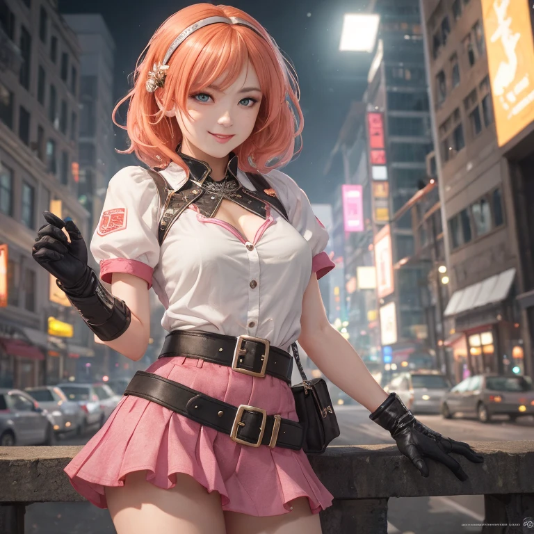 1girl,cowboy shot, beautiful nora_valkyrie, looking at viewer, smile, short hair, blue eyes,heart cutout, gloves, jacket, pink skirt, pink belt, short sleeves, puffy sleeves, single armband, fingerless gloves, orange hair, pink gloves, dynamic pose, night, outdoors, city, (volumetric lighting), best quality, masterpiece, intricate details, tonemapping, sharp focus, hyper detailed, trending on Artstation
