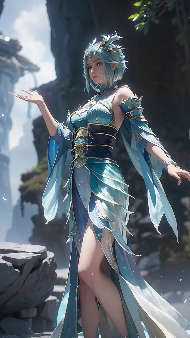 masterpiece, Highest quality, figure, white oriental dragon, Fantastic sky, watercolor, Sorcery Pose, One girl, Noel Genshin Impact, Silver short hair, Green Eyes, Beautiful ancient mythological costumes, armor, Magical Sparkle, The Seven Transformations of Water