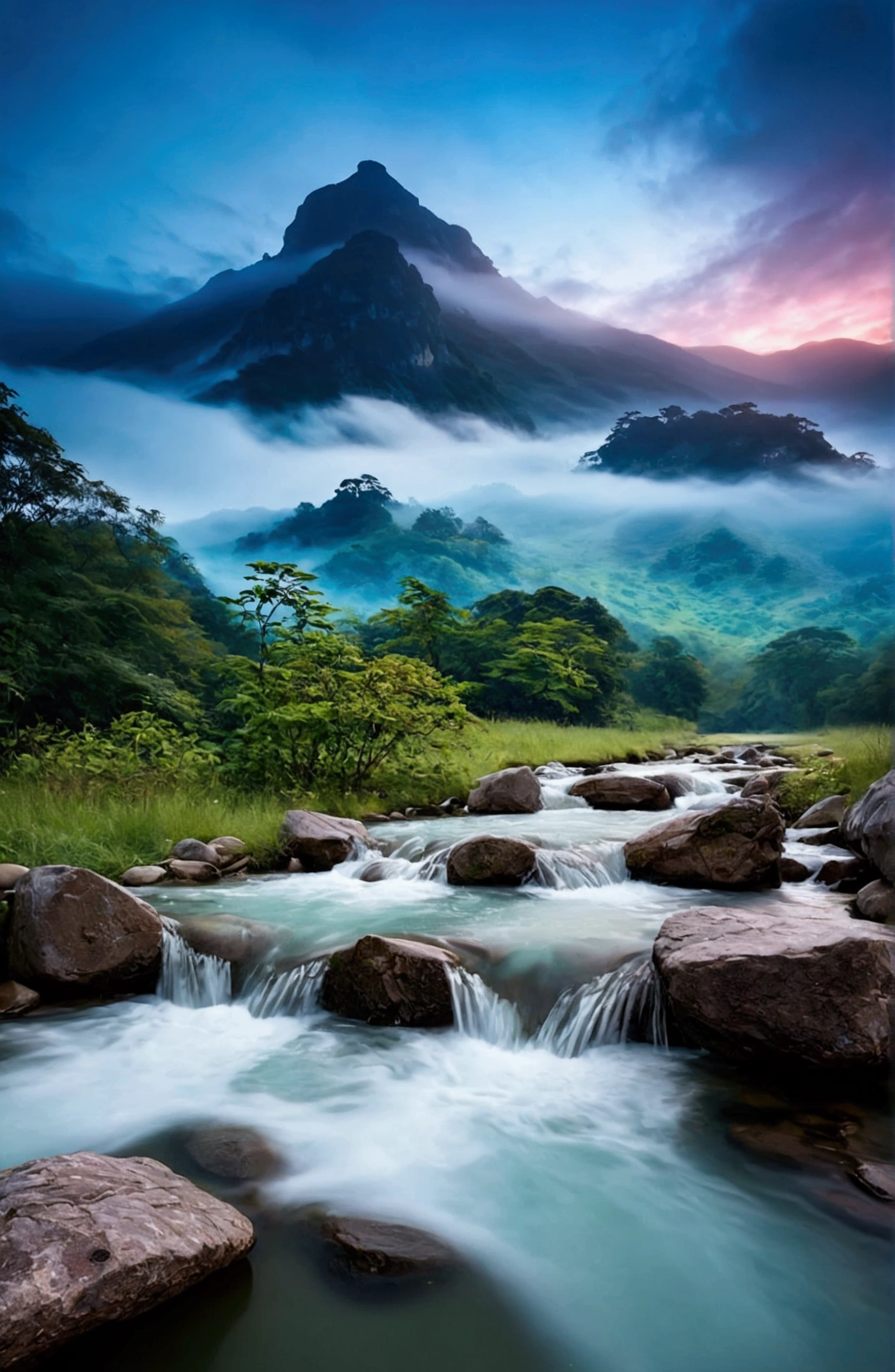stream,Behind is the fairy mountain,Clouds and mist,Spectacular