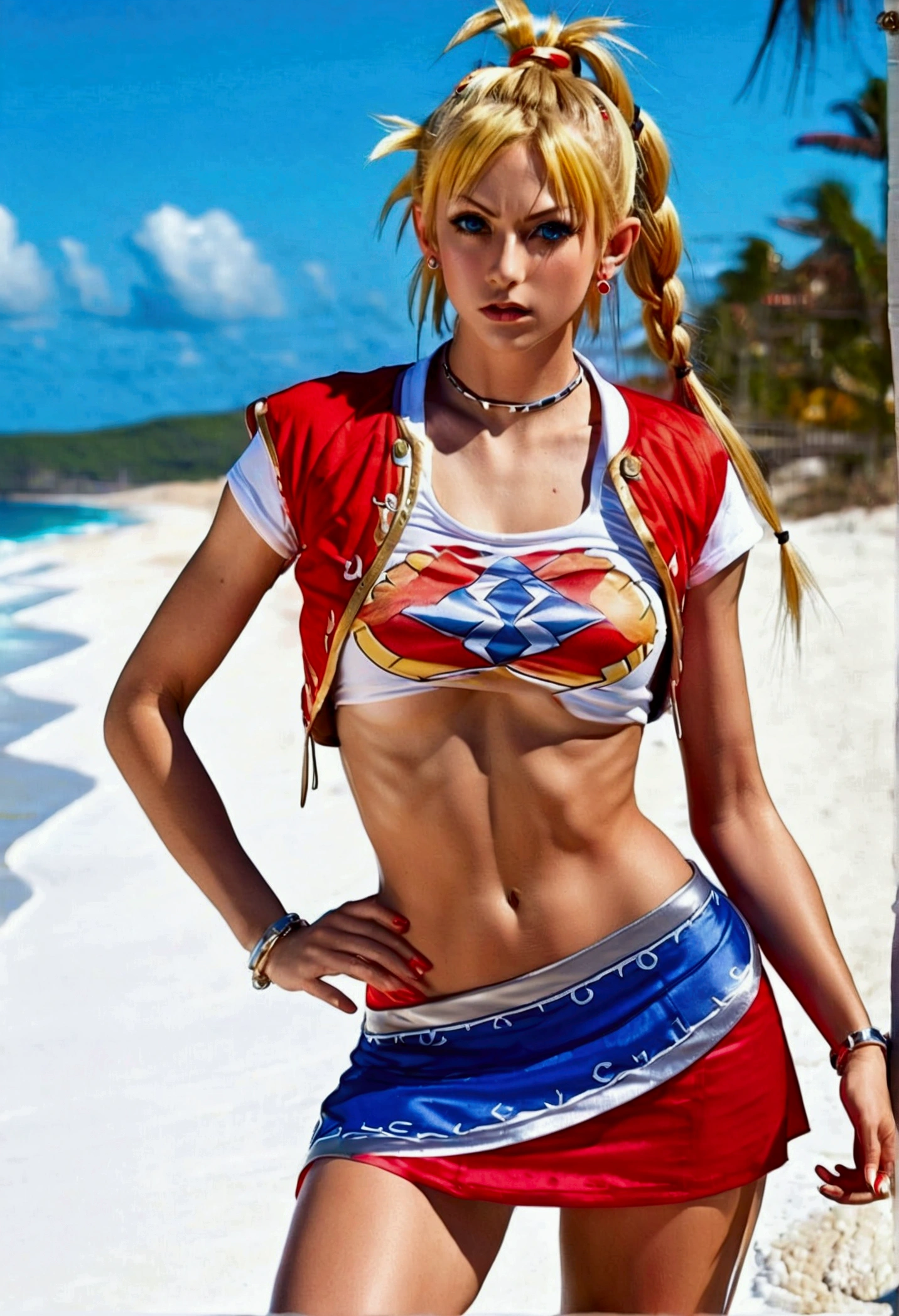 (promotional art), (Kid from Chrono Cross), yellow hair in high ponytail braid, sapphire blue eyes, very slender toned frame, lean and , medium/large bust, flat tummy, very pale white skin, (strong shoulders), fierce expression, BREAK: (tight red micro skirt with extremely high front slit:1.4), (highly cropped red jacket with short sleeves), white crop top under jacket, (underboob showing), BREAK: 1/4 walking pose, on a white sand beach, ocean spray shooting up behind her