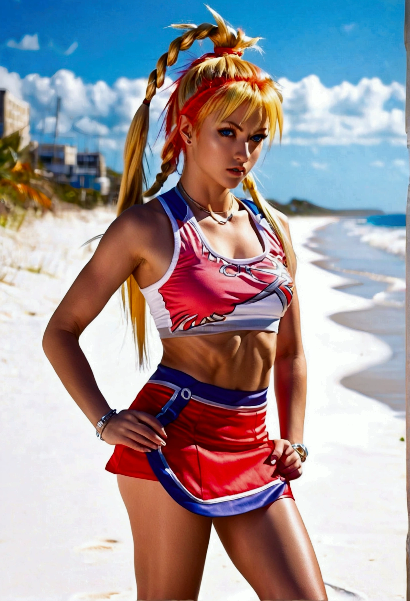 (promotional art), (Kid from Chrono Cross), yellow hair in high ponytail braid, sapphire blue eyes, very slender toned frame, lean and , medium/large bust, flat tummy, very pale white skin, (strong shoulders), fierce expression, BREAK: (tight red micro skirt with extremely high front slit:1.4), (highly cropped red jacket with short sleeves), white crop top under jacket, (underboob showing), BREAK: 1/4 walking pose, on a white sand beach, ocean spray shooting up behind her