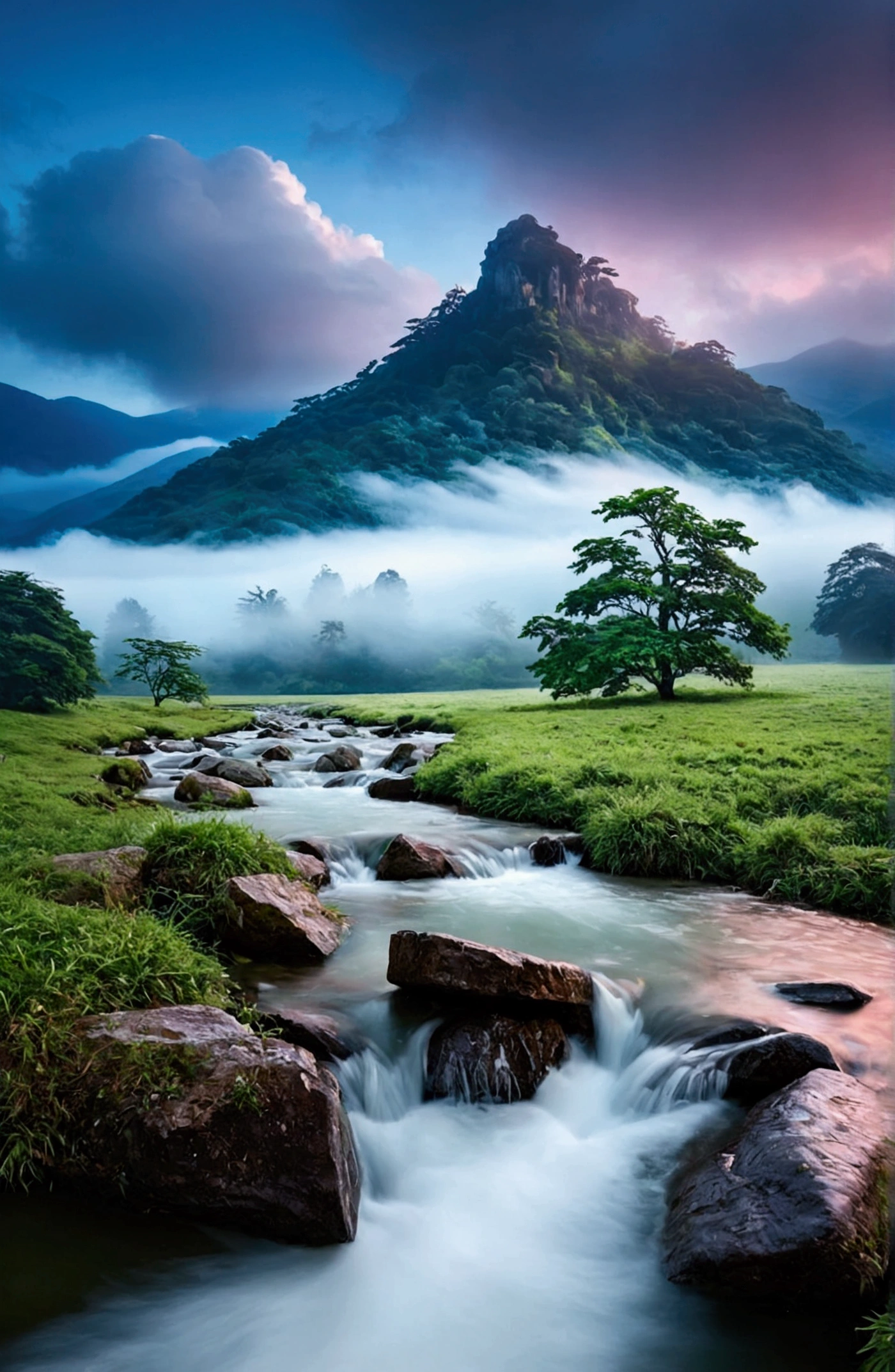 stream，Behind is the fairy mountain,Clouds and mist，Spectacular
