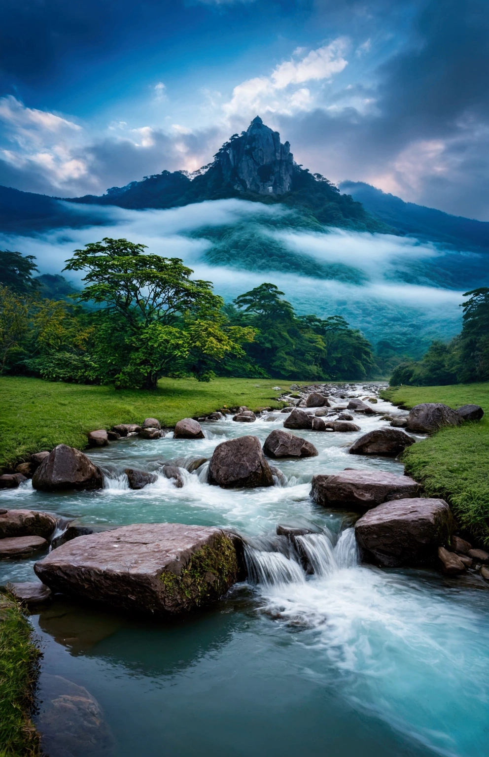 stream，Behind is the fairy mountain,Clouds and mist，Spectacular
