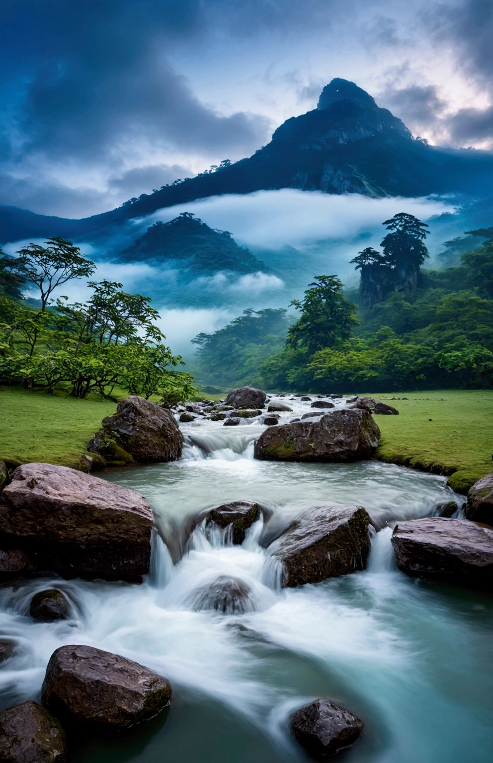 stream，Behind is the fairy mountain,Clouds and mist，Spectacular
