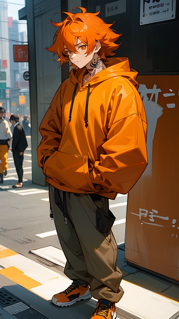 1male, adult, finely detailed honey eyes, wild medium hair, orange hair color, hoodie, baggy pants, standing on building, day time, tokyo streets, calm expression, muscular, tattoos