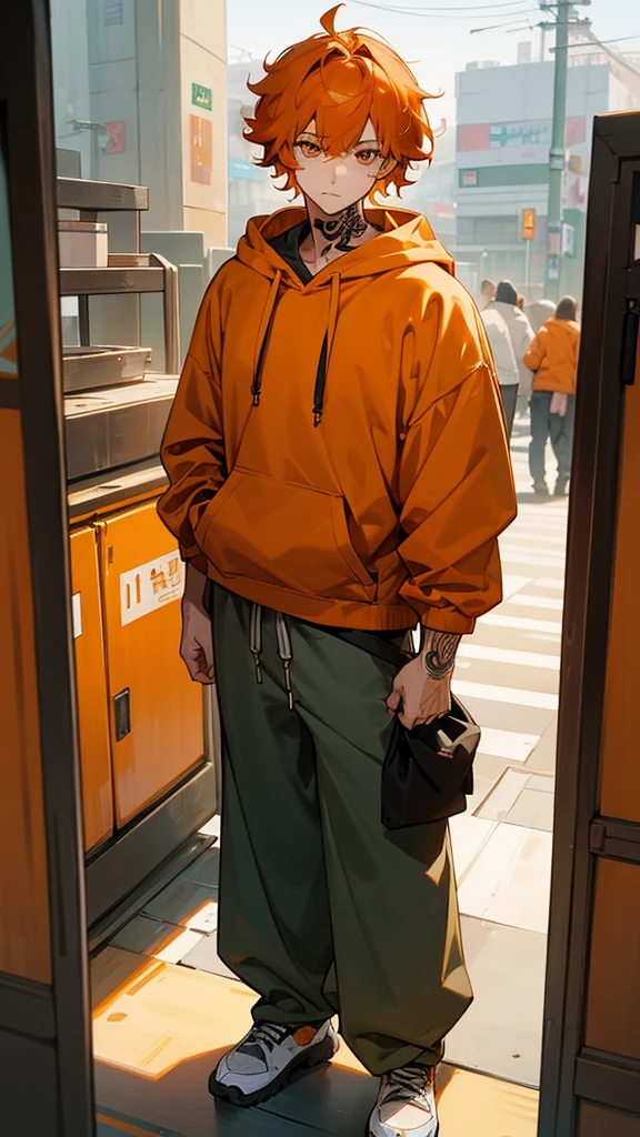1male, adult, finely detailed honey eyes, wild medium hair, orange hair color, hoodie, baggy pants, standing on building, day time, tokyo streets, calm expression, muscular, tattoos