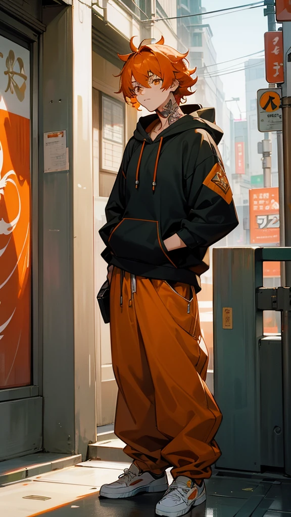1male, adult, finely detailed honey eyes, wild medium hair, orange hair color, hoodie, baggy pants, standing on building, day time, tokyo streets, calm expression, muscular, tattoos