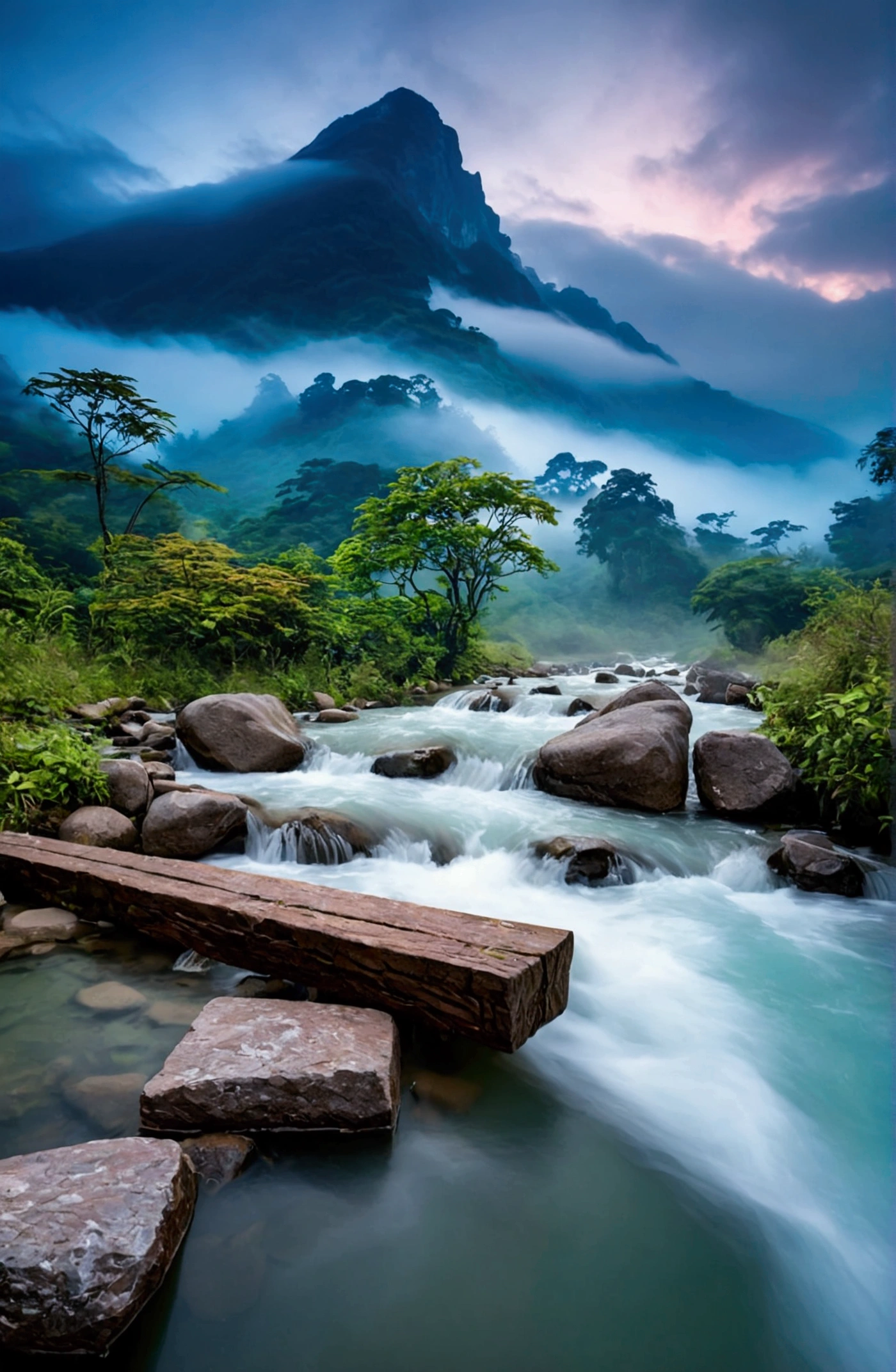 stream,Behind is the fairy mountain,Clouds and mist,Spectacular