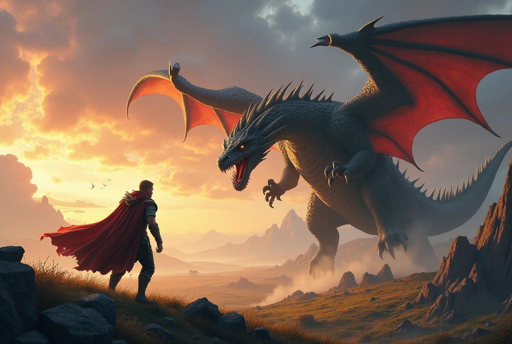 A powerful battle between a level-up hero and a dragon on a vast land.
