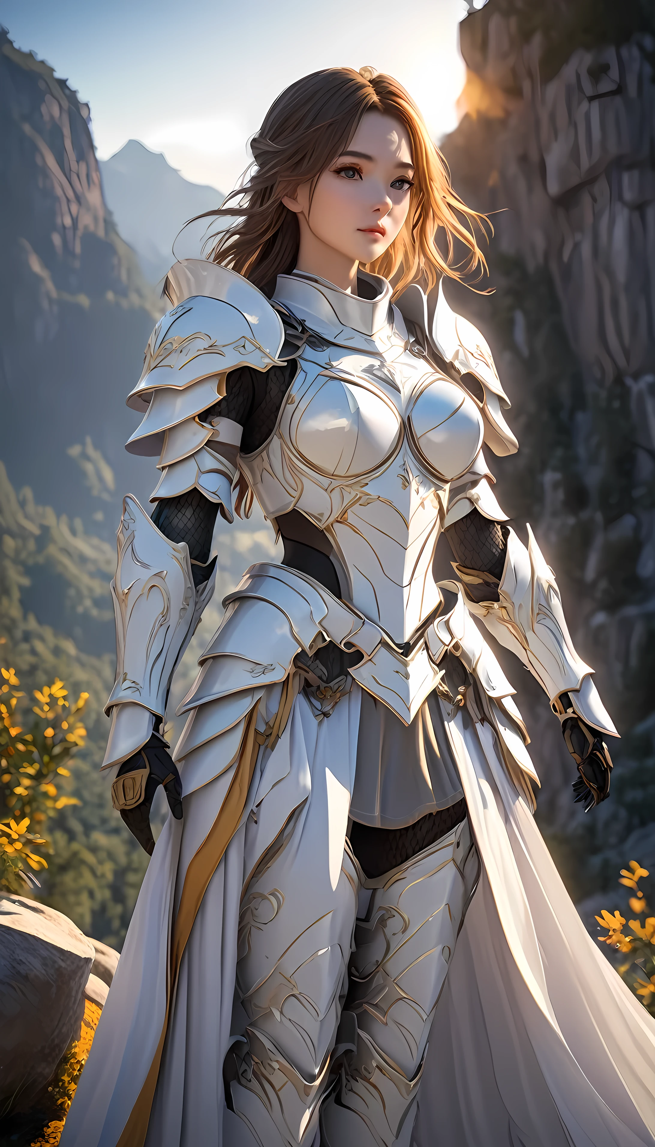mountain, hxarmour,1girl,(white armour:1.3),, ultra-detailed,extremely delicate and beautiful,(by exquisite colors block),masterpiece,best quality,unreal engine 5 rendering,movie light,movie lens,movie special effects,detailed details,HDR,UHD,8K,CG wallpaper,