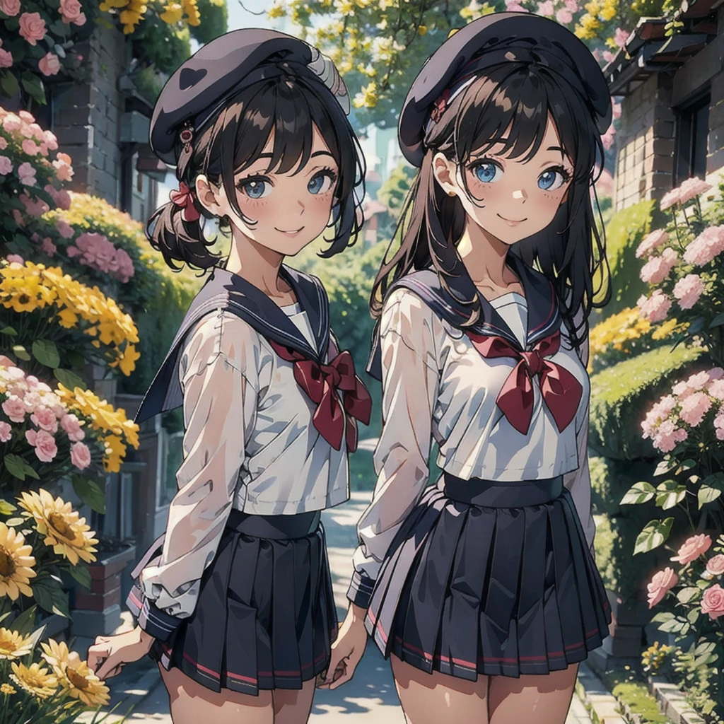 pretty girl、Side bust,Smiling face、Sailor suit、mini skirt、beret、surrounded by flowers