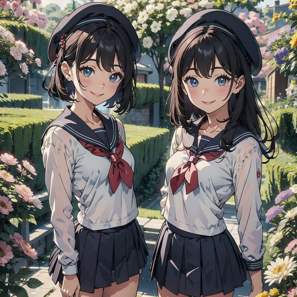 pretty girl、Side bust,Smiling face、Sailor suit、mini skirt、beret、surrounded by flowers