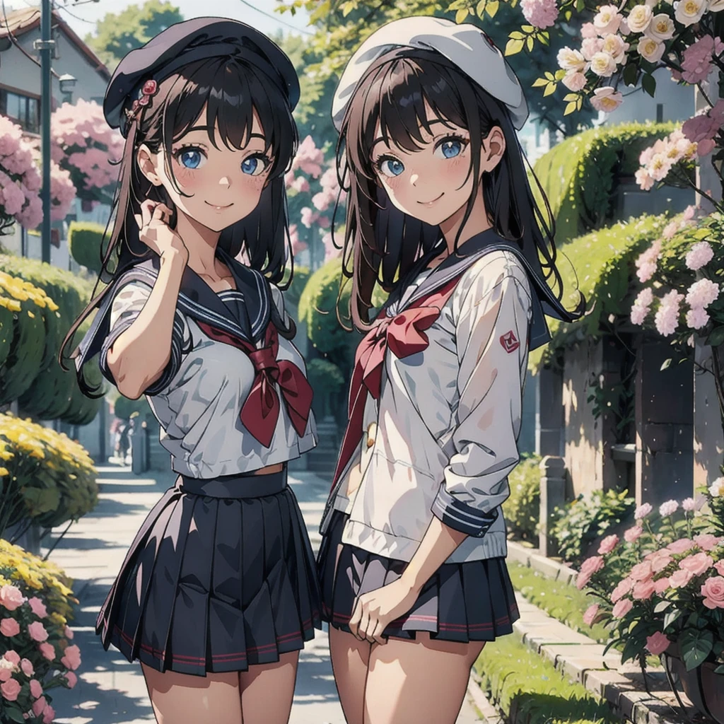 pretty girl、Side bust,Smiling face、Sailor suit、mini skirt、beret、surrounded by flowers