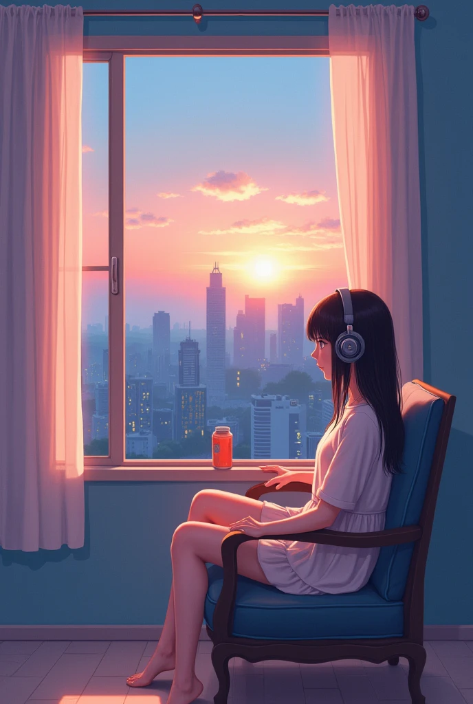 Portrait、512、Lo-Fi(Lo-Fi)、Girl sitting on a chair wearing headphones、Undress to take a shower、city view outside the window、evening、pastel colour、Painting, 18-year-old.