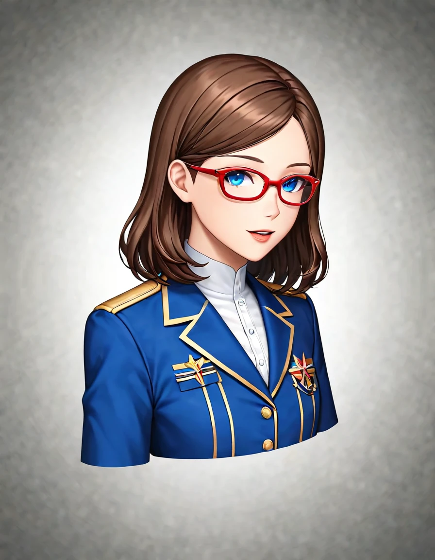 (masterpiece, best quality, very aesthetic, ultra detailed), intricate details,short brown / brunette haired, blue eyes, red frame glasses, kif uni blue uniform
