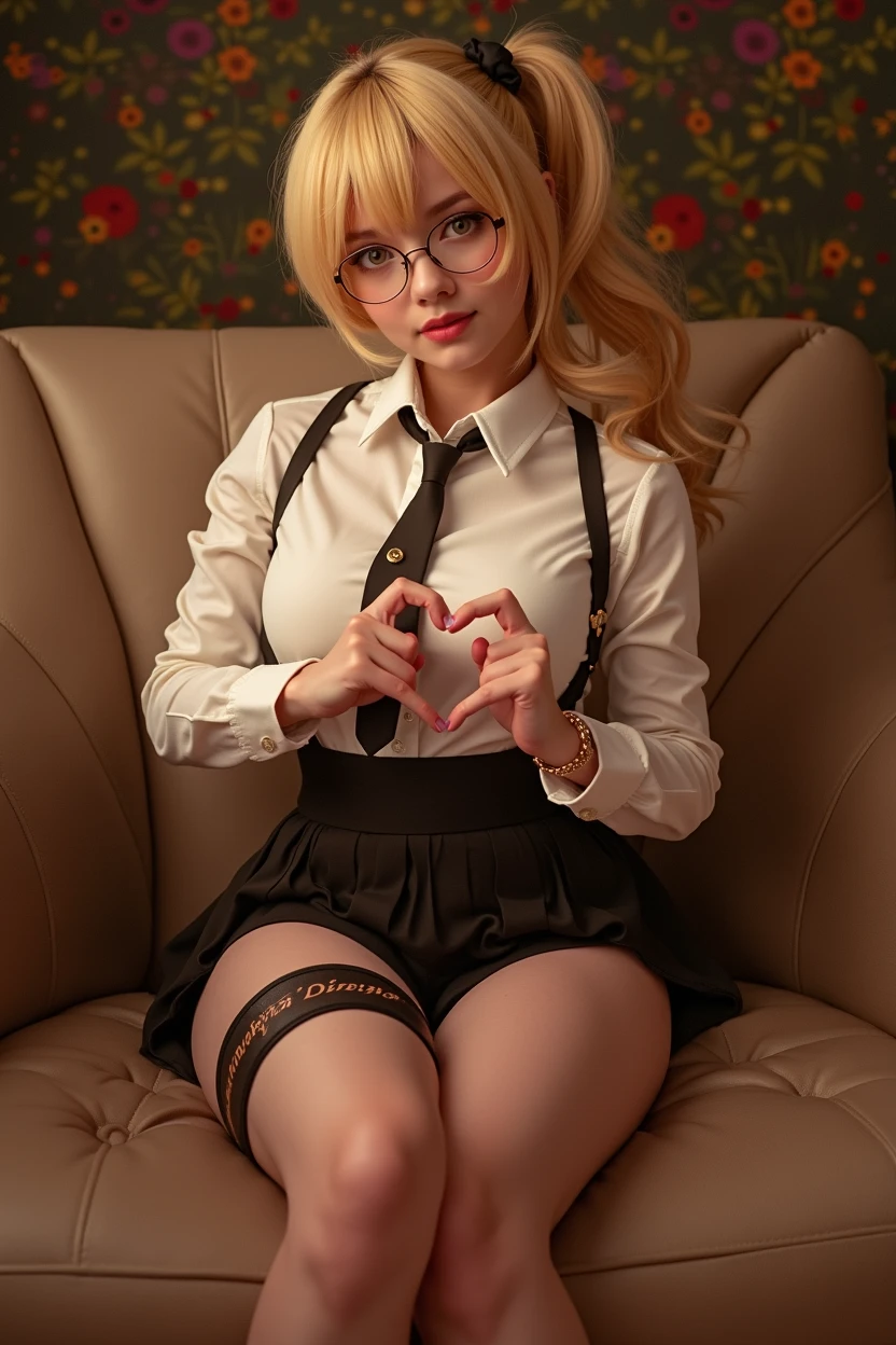 Beautiful woman with Makima cosplay mirror image with the name _Denny_ on her thigh with a smile on her lips  and she forms a heart with her finger in front of her face