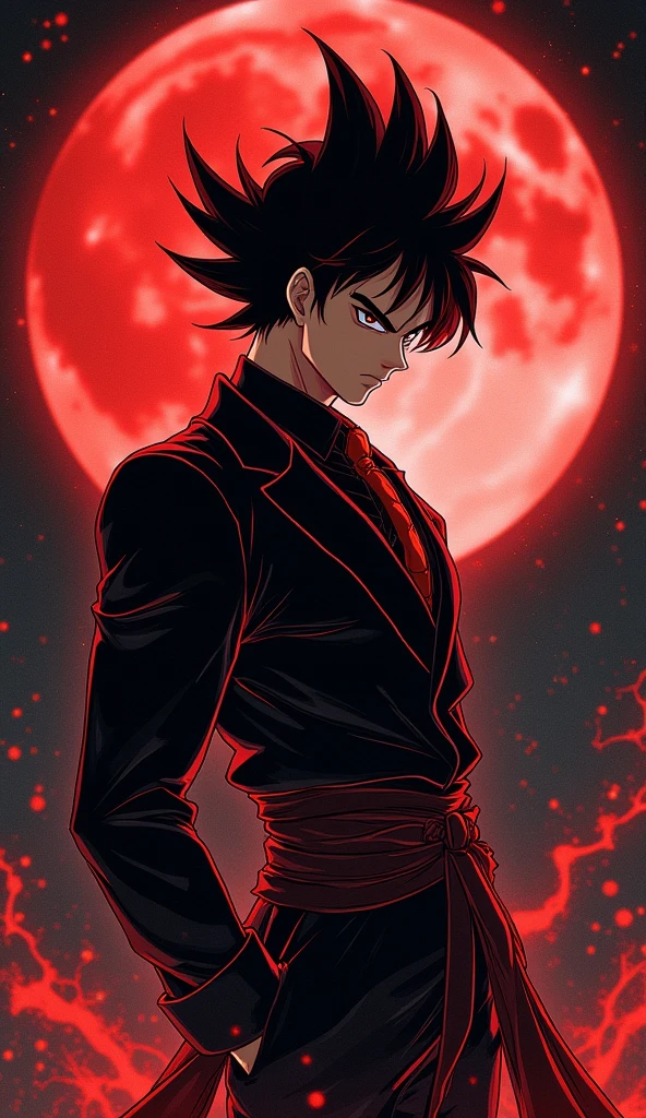 Son Goku , handsome man, wearing beautiful elegant black_red suit, dark_fantasy, black spiky hair, red moon, pixiv, , elegant spooky, ffxiv, dramatic light, fantasy background, , Tsutomu Nihei style, vibrant colors, Manga nib pen style, dramatic lighting, beautiful_sparkle background, ((shiny )), glistening, highly detailed, light, spooky atmosphere — quality, ((more details:1.5))