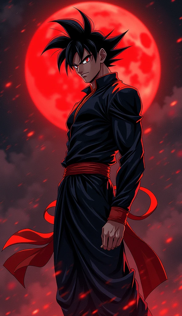 Son Goku , handsome man, wearing beautiful elegant black_red suit, dark_fantasy, black spiky hair, red moon, pixiv, , elegant spooky, ffxiv, dramatic light, fantasy background, , Tsutomu Nihei style, vibrant colors, Manga nib pen style, dramatic lighting, beautiful_sparkle background, ((shiny )), glistening, highly detailed, light, spooky atmosphere — quality, ((more details:1.5))