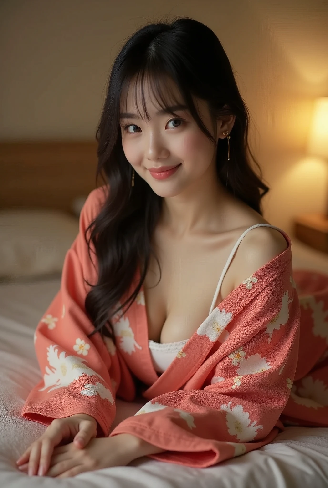A 20-year-old woman with a cute face like a 16-year-old idol、Gentle and cute、A kind smile、(((Japanese Yukata)))、(night)、(((Lying asleep on a futon in a Japanese-style room at a Japanese inn)))、((Cleavage))、((I can see your thighs))、((Full body portrait))、RAW Photos、Genuine、High resolution