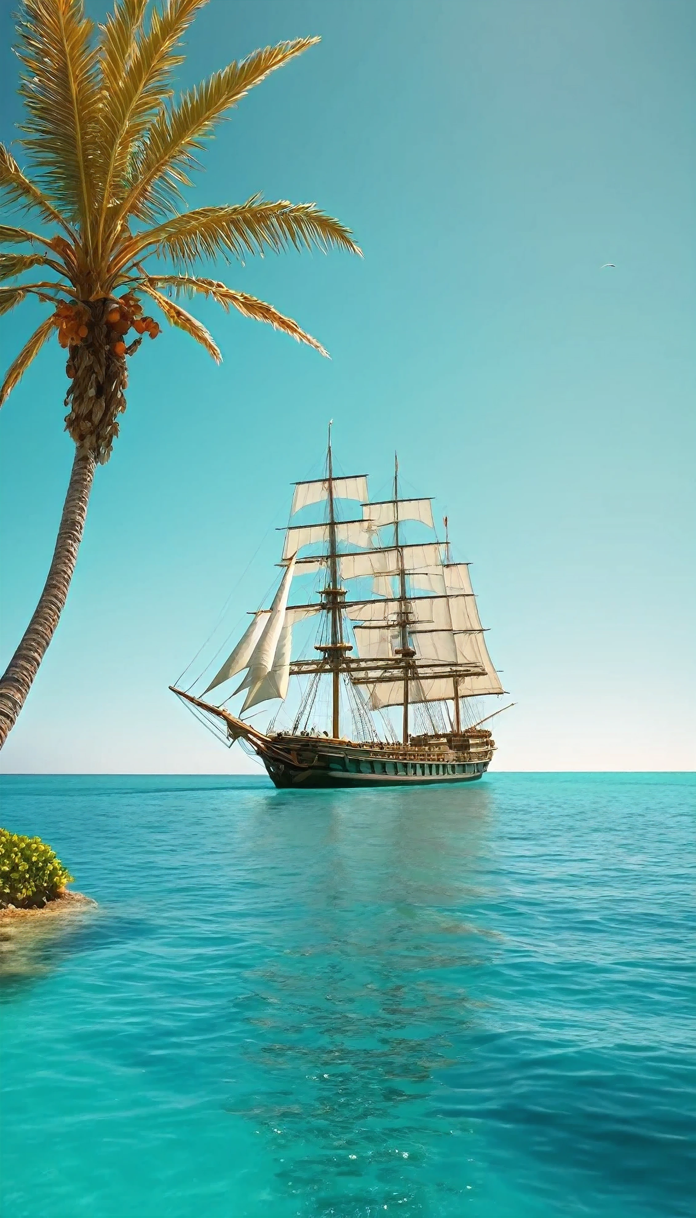 A stunning cinematic photograph of an ancient ship gracefully sailing over the crystal-clear turquoise waters. The ship exudes a sense of history and rich detail, with large sails billowing in the wind. In the distance, a small island with lush greenery and a solitary palm tree is visible. The background sky is a blend of golden hues and warm oranges, creating a serene and idyllic scene., cinematic, photo