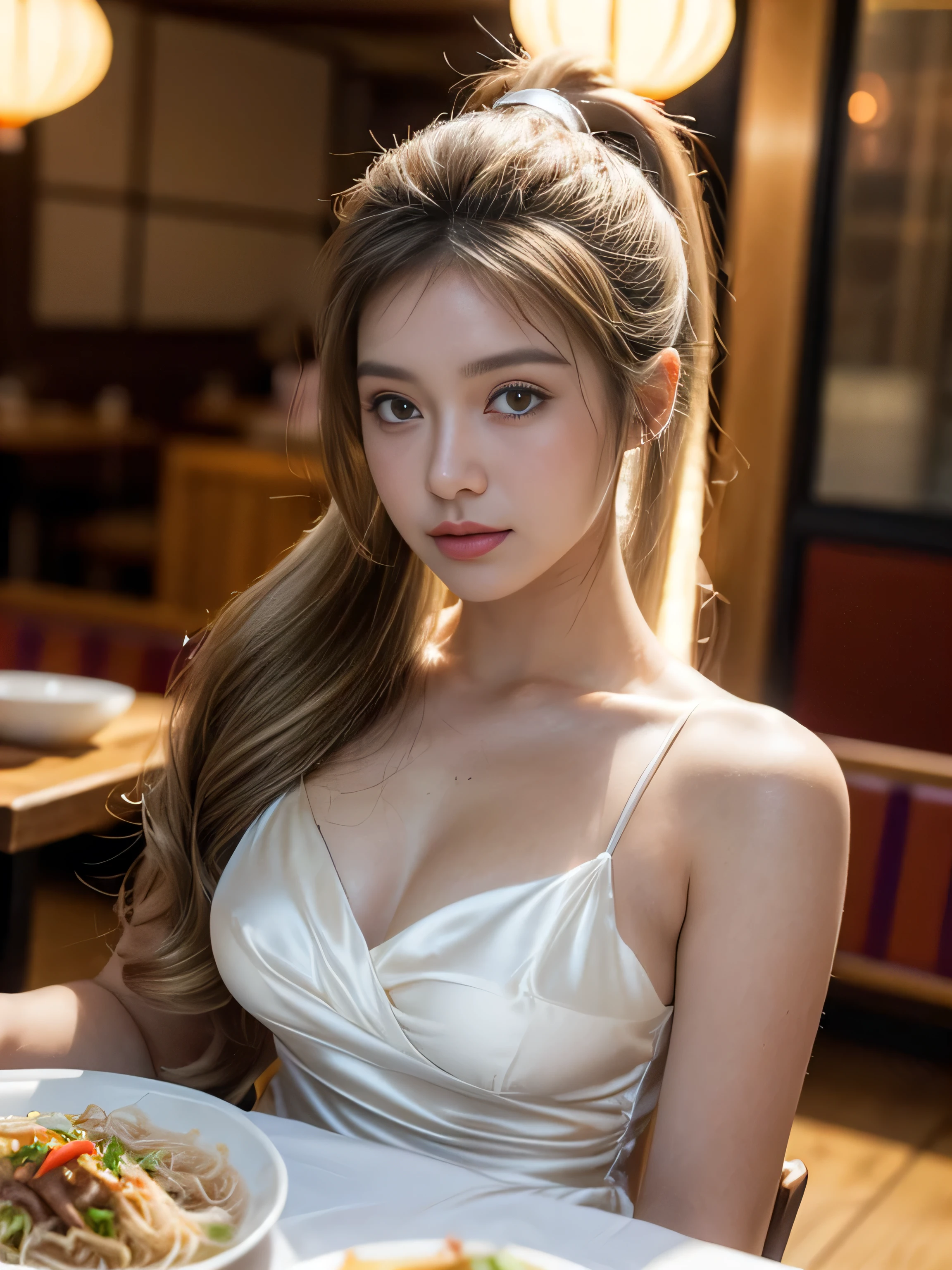 19-year-old kid, (wearing a simple pure light white silk dress: 1.3), (big round breasts), ((ponytail, dark blond hair, wavy hair, long hair: 1.3)), (realism: 1.2), (super realism: 1.3 ), (very detailed: 1.1), ((masterpiece)), (hand details: 1.3), (happy: 1.3), (Vietnamese French restaurant: 1.3), (French food on the table: 1.3), at night, depth of field, first person view.
