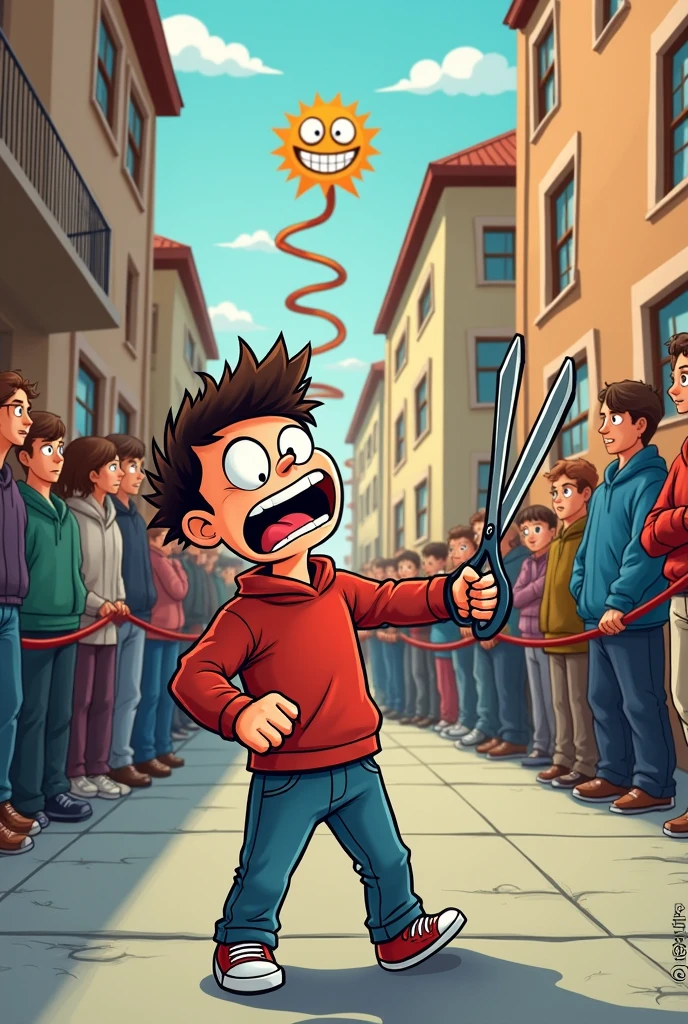 For the thumbnail, you could have an exaggerated, cartoonish image of the boy looking furious, holding a giant pair of scissors, and cutting a long queue that wraps around the entire building. In the background, you can show the girl's face with a smirk or laughing, while everyone else in the line looks shocked or panicked. Add a bold, funny caption like "When Heartbreak Hits… CUTTING THE LINE!"