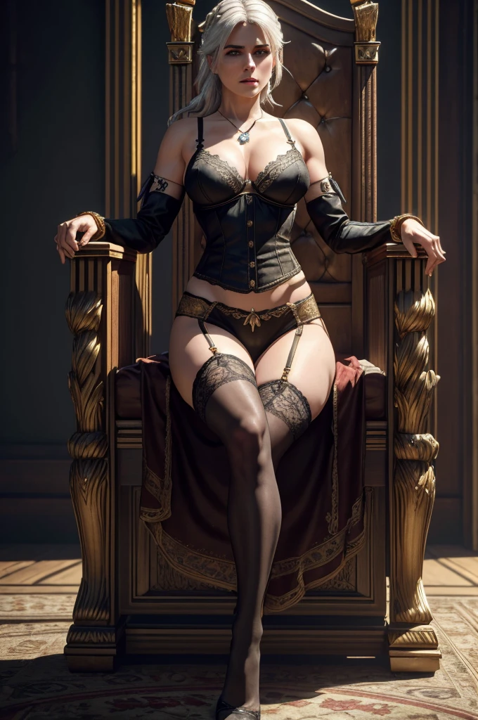 best quality,4k,8k,(masterpiece:1.2),ultra-detailed,realistic,photo-realistic:1.3, attention to detail,4K, ultra detailed body,sexy mature Ciri(Witcher 3),(golden crown), long braid, lace bra, black stockings, hourglass figure, on throne, legs crossed