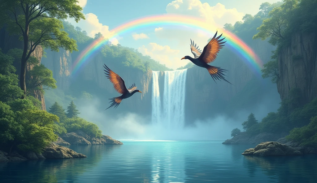 Dreamy lake, waterfall, light, rainbow, mythical birds