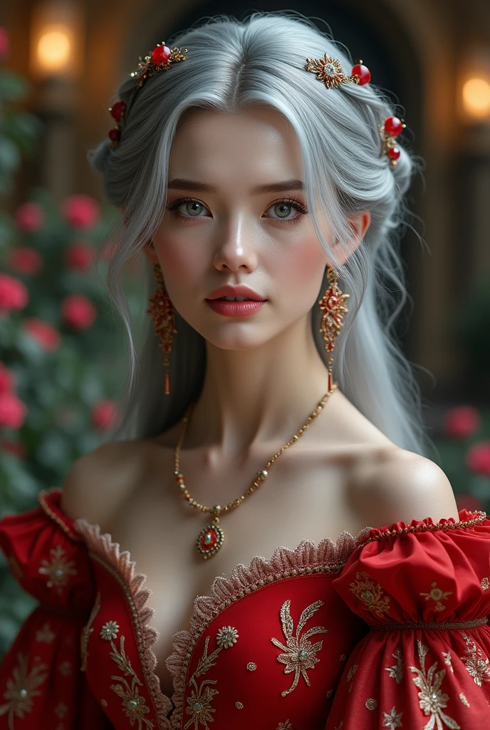Woman with gray hair, gray eyes, royalty, red dress, red jewelry, red earrings, lunar, nobility, noblewoman, high quality, very detailed, detailed face, masterpiece, castle, garden, Flowers, lights